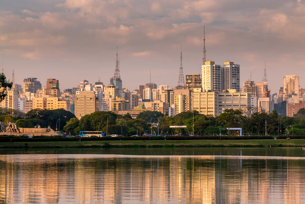 Amazing view of Sao Paulo city from Ibirapuera Park. The Ibirapuera is one of Latin America largest city parks.